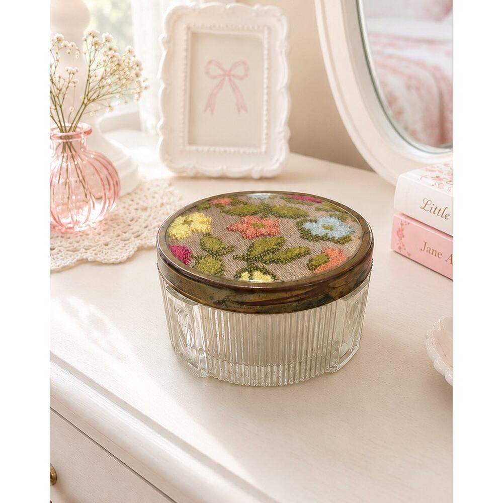 Vintage Glass Vanity Powder Jar Floral Lid Brass Rim Trinket Cottage Shabby Chic